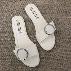 Zara white leather buckle slides